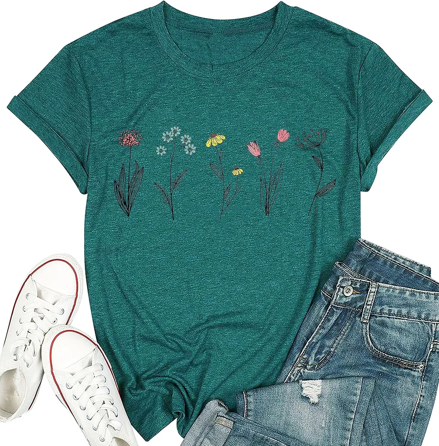 Wildflower Shirts for Women Causal Summer Flower Graphic Tees Cute Garden Plant Lover Tshirts Tops