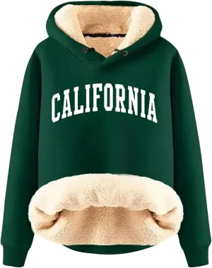 Women California Hoodies Winter Sherpa Lined Sweatshirt Warm Thermal Pullover Hooded Sweatshirts Fleece Jacket