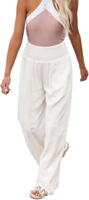 Women Cotton Linen Pants Loose Beach Elastic High Waist Casual Wide Leg Palazzo Yoga Lounge Trousers with Pockets