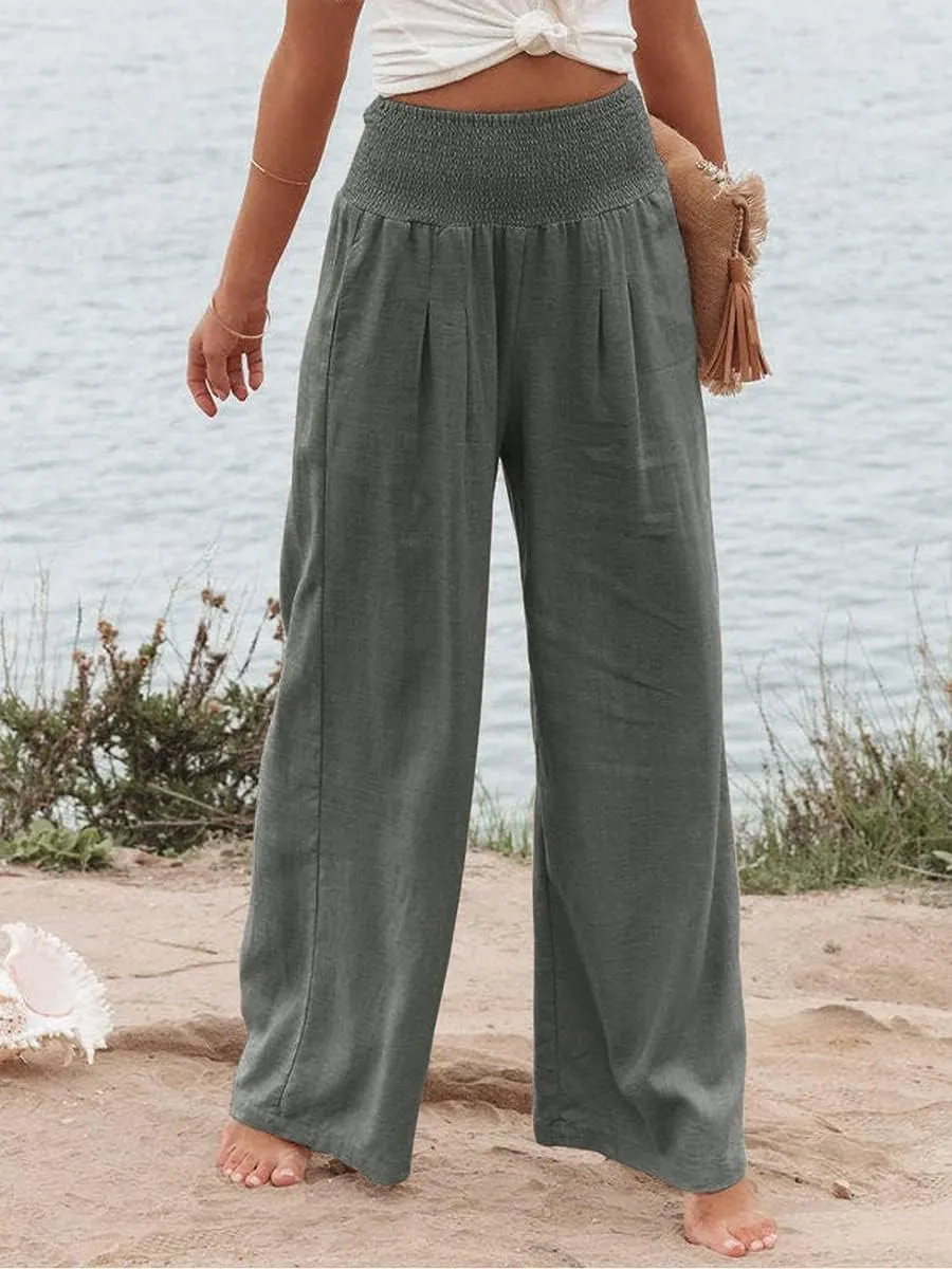 Women Cotton Linen Pants Loose Beach Elastic High Waist Casual Wide Leg Palazzo Yoga Lounge Trousers with Pockets