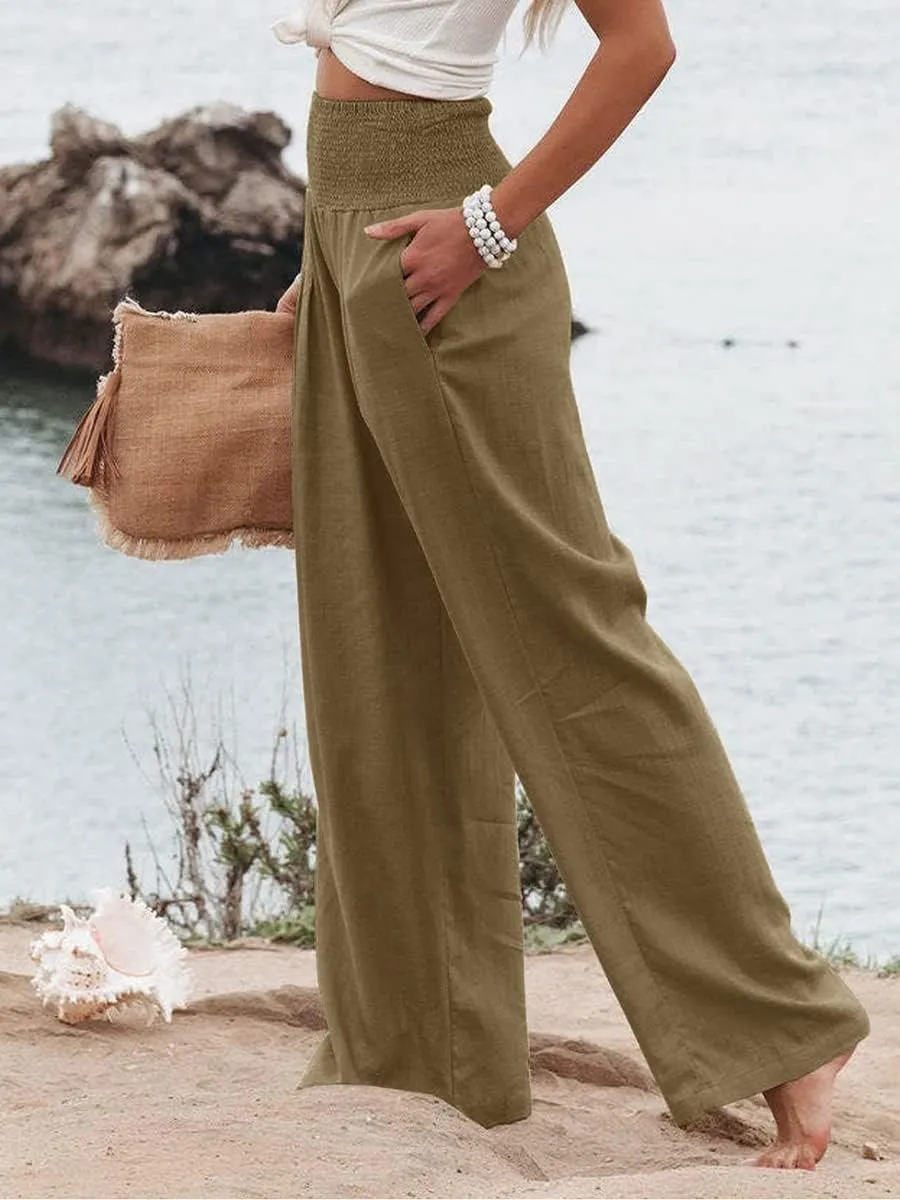 Women Cotton Linen Pants Loose Beach Elastic High Waist Casual Wide Leg Palazzo Yoga Lounge Trousers with Pockets