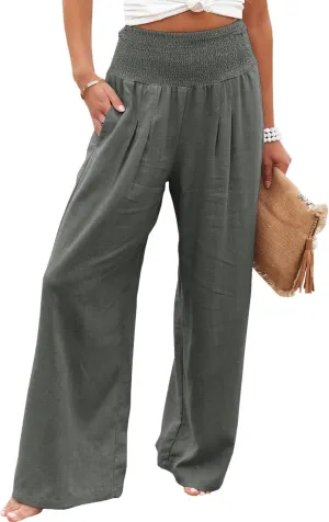 Women Cotton Linen Pants Loose Beach Elastic High Waist Casual Wide Leg Palazzo Yoga Lounge Trousers with Pockets
