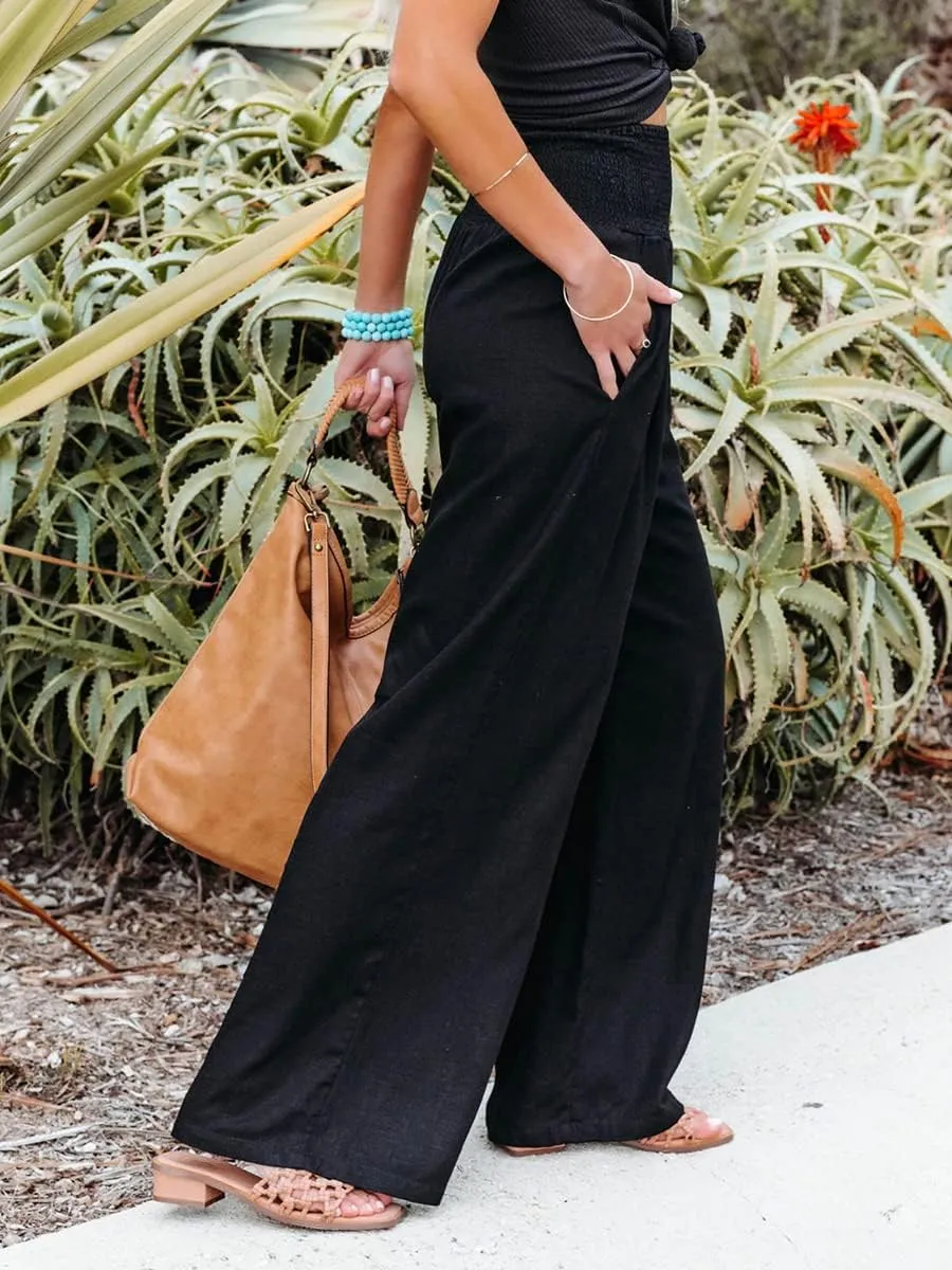 Women Cotton Linen Pants Loose Beach Elastic High Waist Casual Wide Leg Palazzo Yoga Lounge Trousers with Pockets