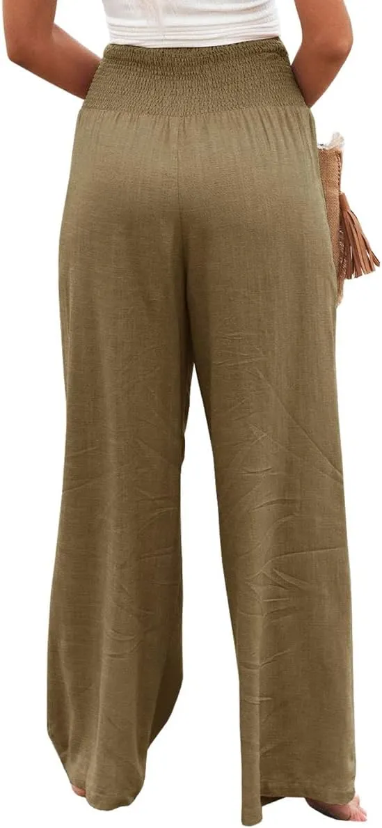 Women Cotton Linen Pants Loose Beach Elastic High Waist Casual Wide Leg Palazzo Yoga Lounge Trousers with Pockets