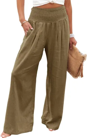 Women Cotton Linen Pants Loose Beach Elastic High Waist Casual Wide Leg Palazzo Yoga Lounge Trousers with Pockets