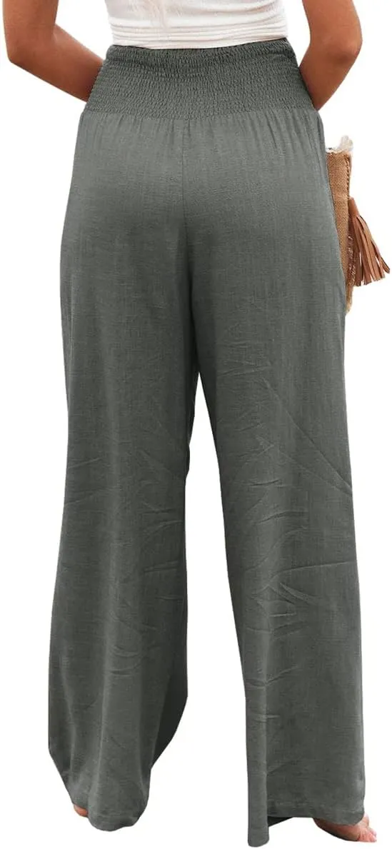 Women Cotton Linen Pants Loose Beach Elastic High Waist Casual Wide Leg Palazzo Yoga Lounge Trousers with Pockets