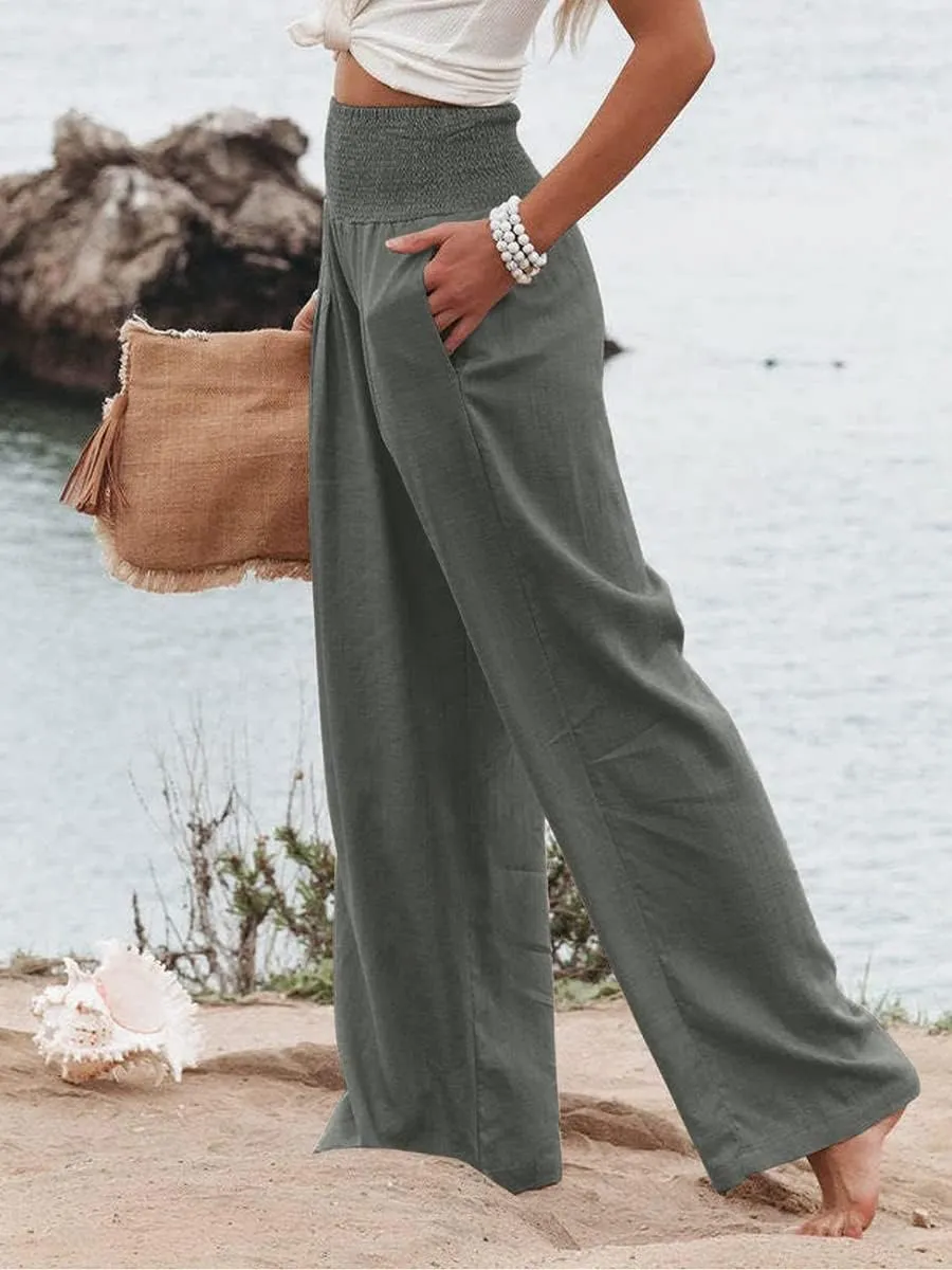 Women Cotton Linen Pants Loose Beach Elastic High Waist Casual Wide Leg Palazzo Yoga Lounge Trousers with Pockets