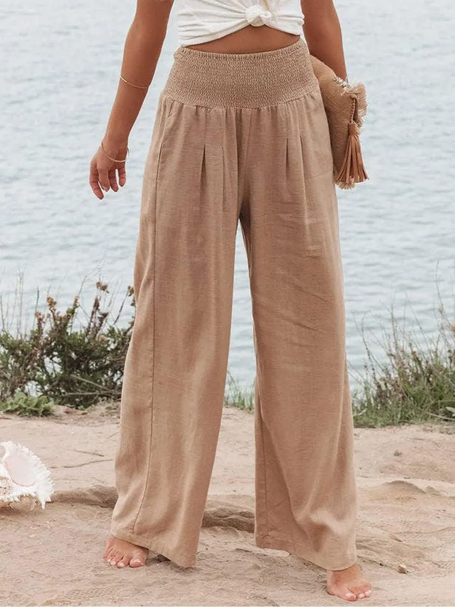 Women Cotton Linen Pants Loose Beach Elastic High Waist Casual Wide Leg Palazzo Yoga Lounge Trousers with Pockets