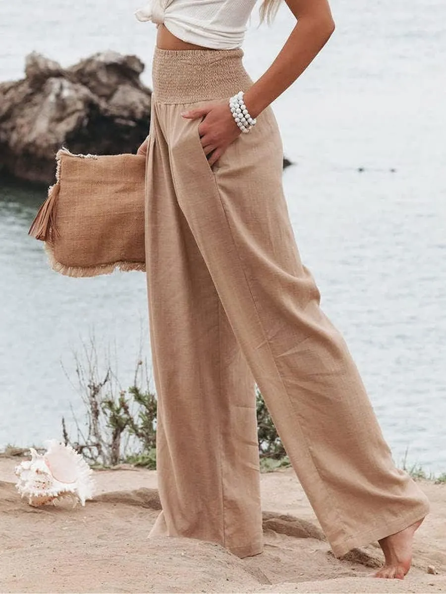 Women Cotton Linen Pants Loose Beach Elastic High Waist Casual Wide Leg Palazzo Yoga Lounge Trousers with Pockets