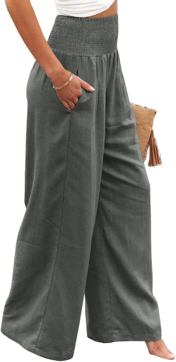 Women Cotton Linen Pants Loose Beach Elastic High Waist Casual Wide Leg Palazzo Yoga Lounge Trousers with Pockets
