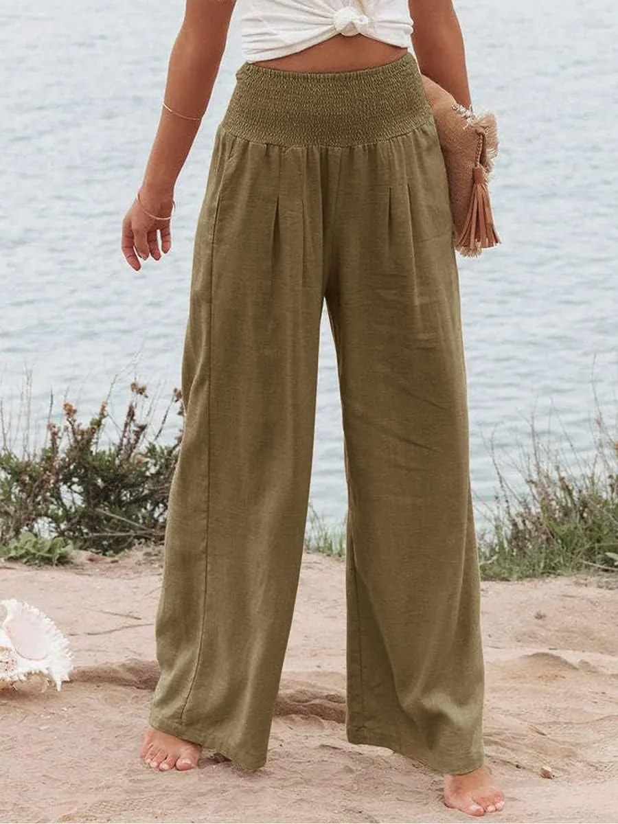 Women Cotton Linen Pants Loose Beach Elastic High Waist Casual Wide Leg Palazzo Yoga Lounge Trousers with Pockets
