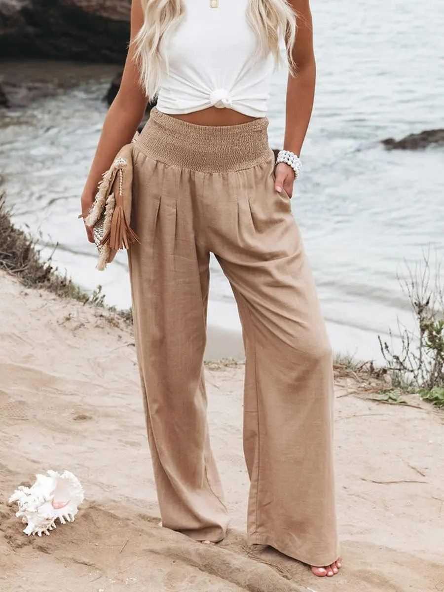 Women Cotton Linen Pants Loose Beach Elastic High Waist Casual Wide Leg Palazzo Yoga Lounge Trousers with Pockets