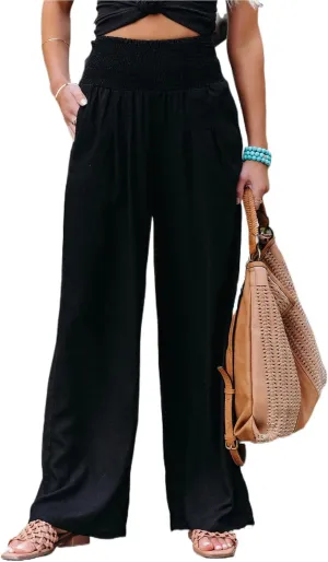 Women Cotton Linen Pants Loose Beach Elastic High Waist Casual Wide Leg Palazzo Yoga Lounge Trousers with Pockets