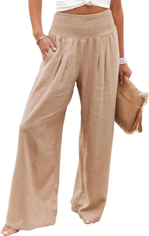 Women Cotton Linen Pants Loose Beach Elastic High Waist Casual Wide Leg Palazzo Yoga Lounge Trousers with Pockets