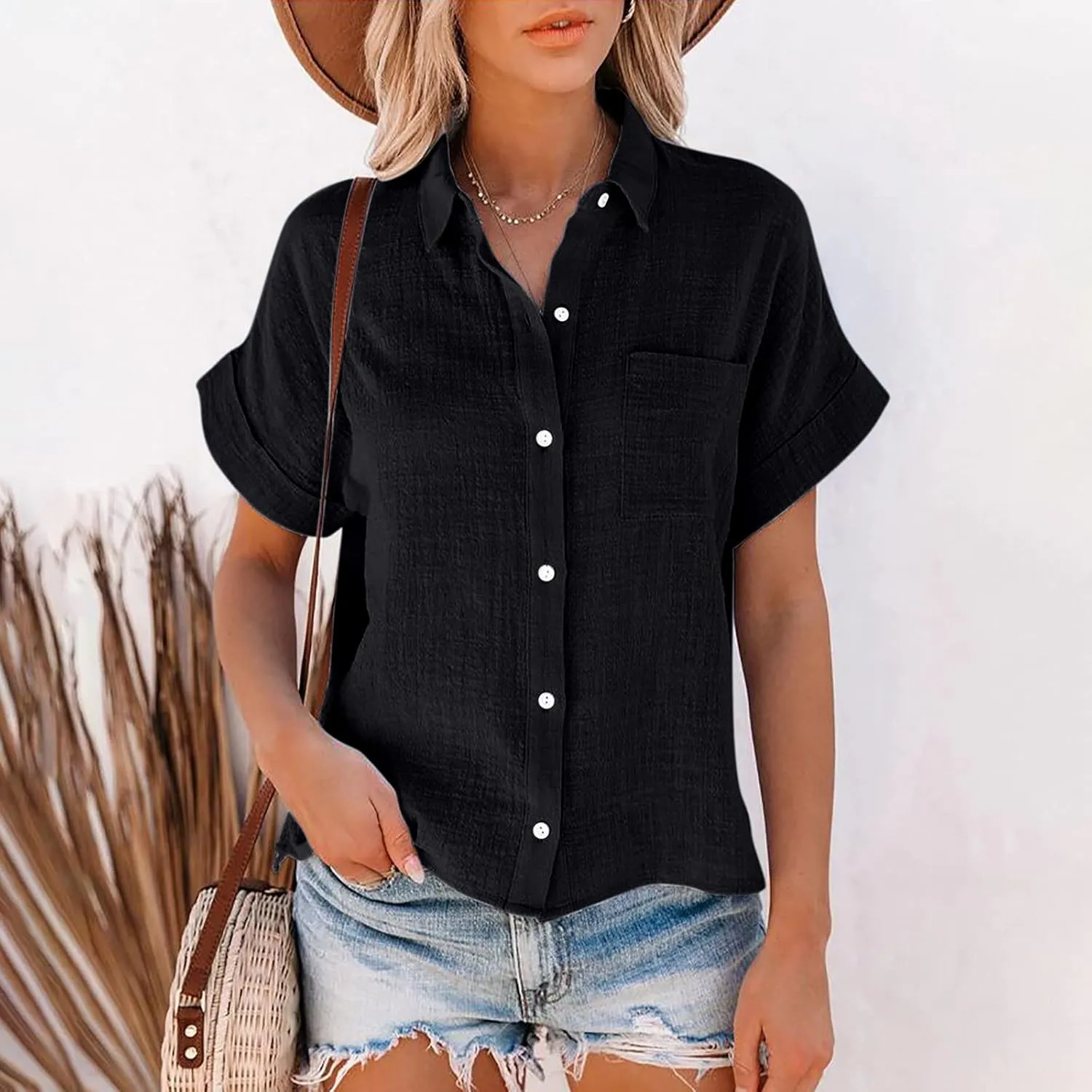 Women Cotton Linen Shirts with Pockets Casual Solid Short Sleeve Button Down Blouse Tunic Shirt Summer Tops Plus Size