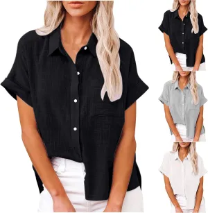 Women Cotton Linen Shirts with Pockets Casual Solid Short Sleeve Button Down Blouse Tunic Shirt Summer Tops Plus Size