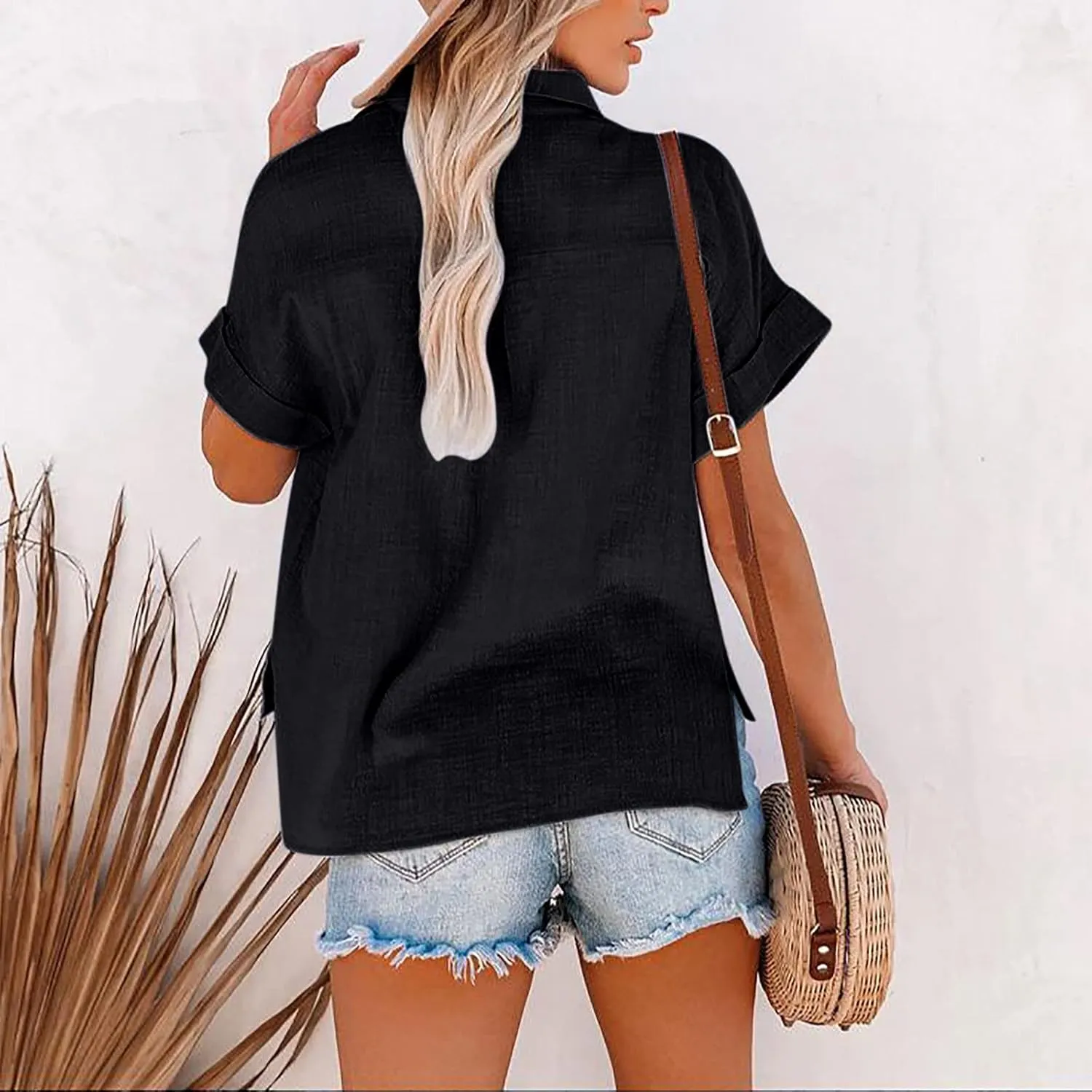 Women Cotton Linen Shirts with Pockets Casual Solid Short Sleeve Button Down Blouse Tunic Shirt Summer Tops Plus Size