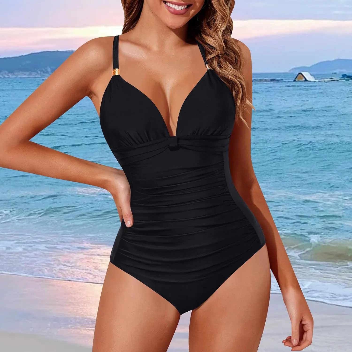 Women One Piece Swimsuit Sexy Metal Halter Backless Bathing Suit Tummy Control V Neck Modest Full Coverage Swimwear