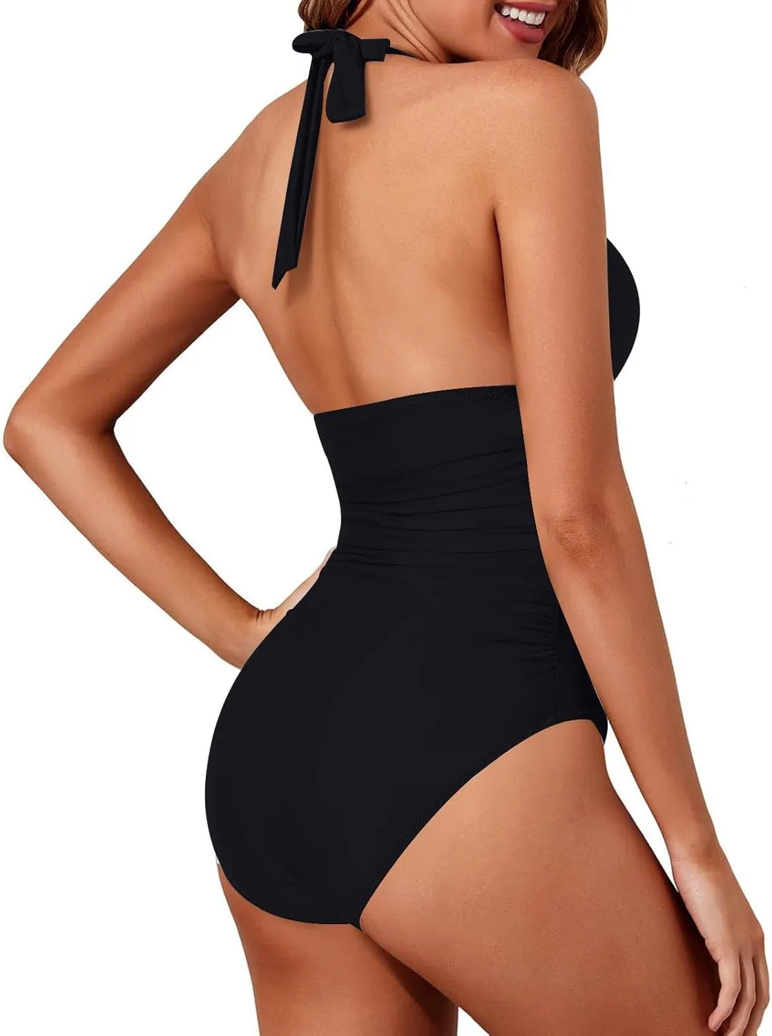 Women One Piece Swimsuit Sexy Metal Halter Backless Bathing Suit Tummy Control V Neck Modest Full Coverage Swimwear