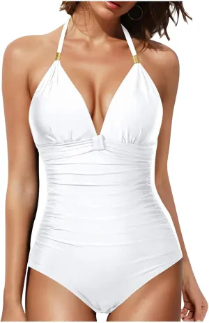 Women One Piece Swimsuit Sexy Metal Halter Backless Bathing Suit Tummy Control V Neck Modest Full Coverage Swimwear