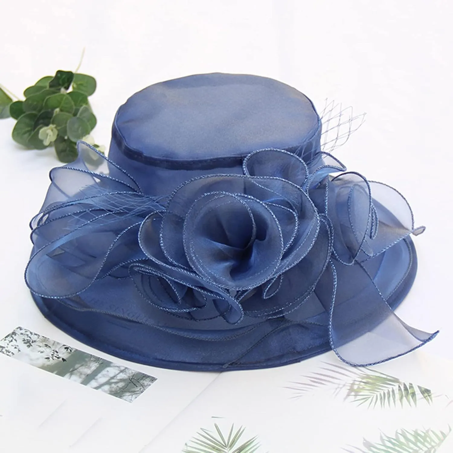 Women Organza-Kentucky Sun Hat Bridal Bow Flower Church-Derby Fascinators Bowler-Hat Wide Brim Wedding Party Cocktail