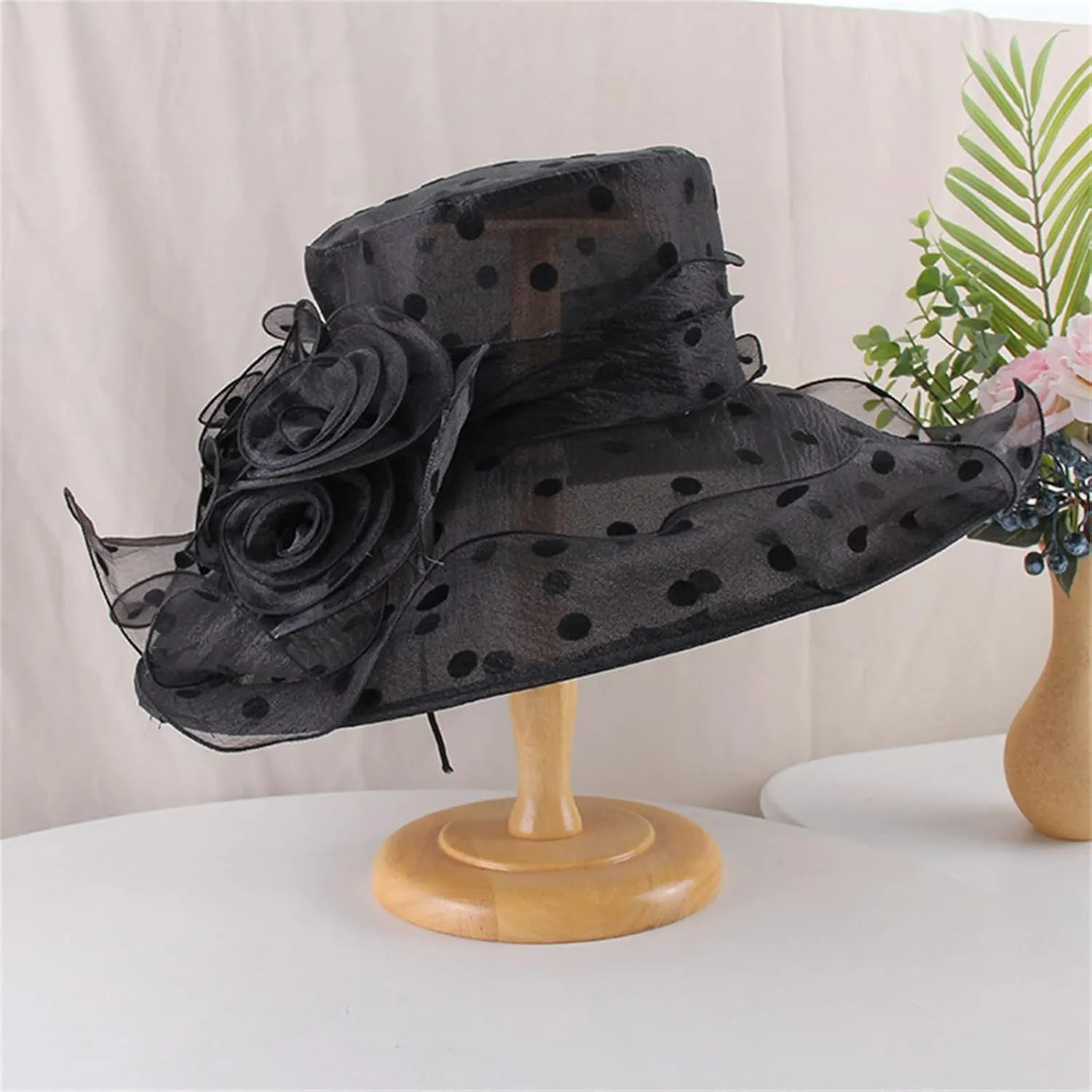 Women Organza Tea Party Kentucky Church Derby Hat Wedding Cloche Dress Fascinators Big Wide Brim UV Protection Hat