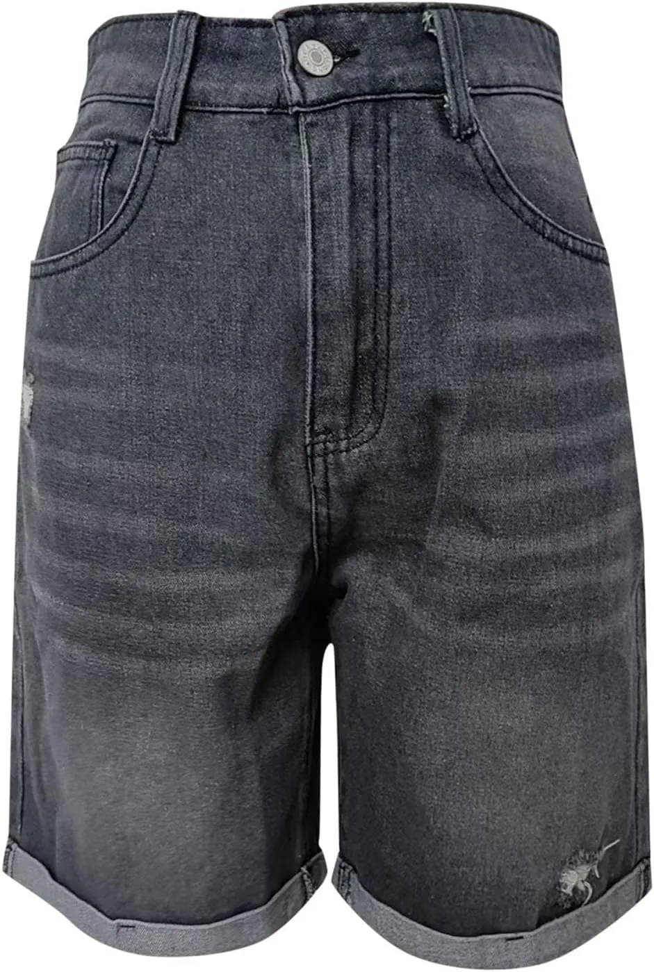 Women Ripped Jean Shorts Summer Folded Hem Straight Leg Distressed Denim Shorts High Waisted Comfy Streetwear Short
