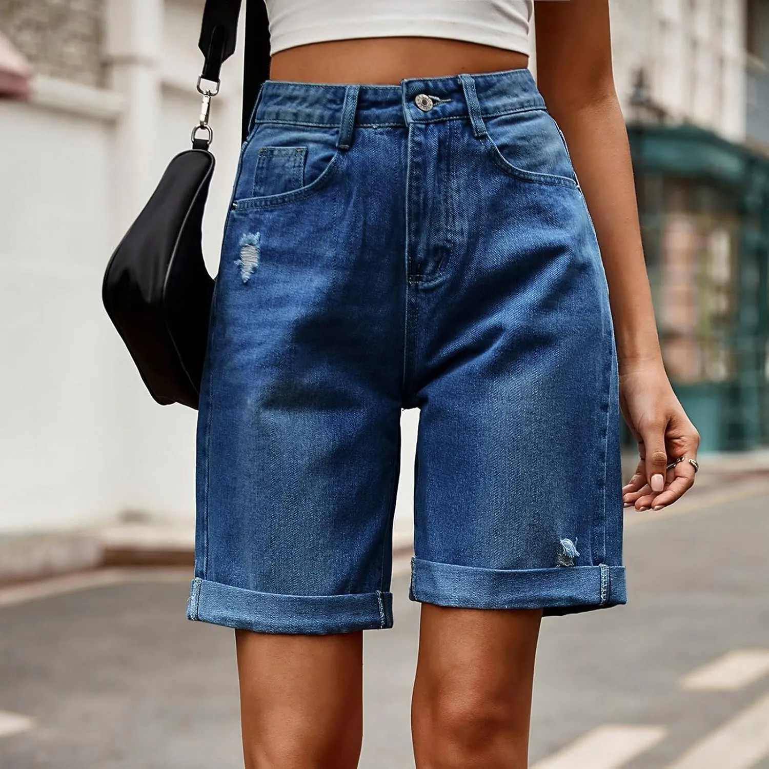 Women Ripped Jean Shorts Summer Folded Hem Straight Leg Distressed Denim Shorts High Waisted Comfy Streetwear Short