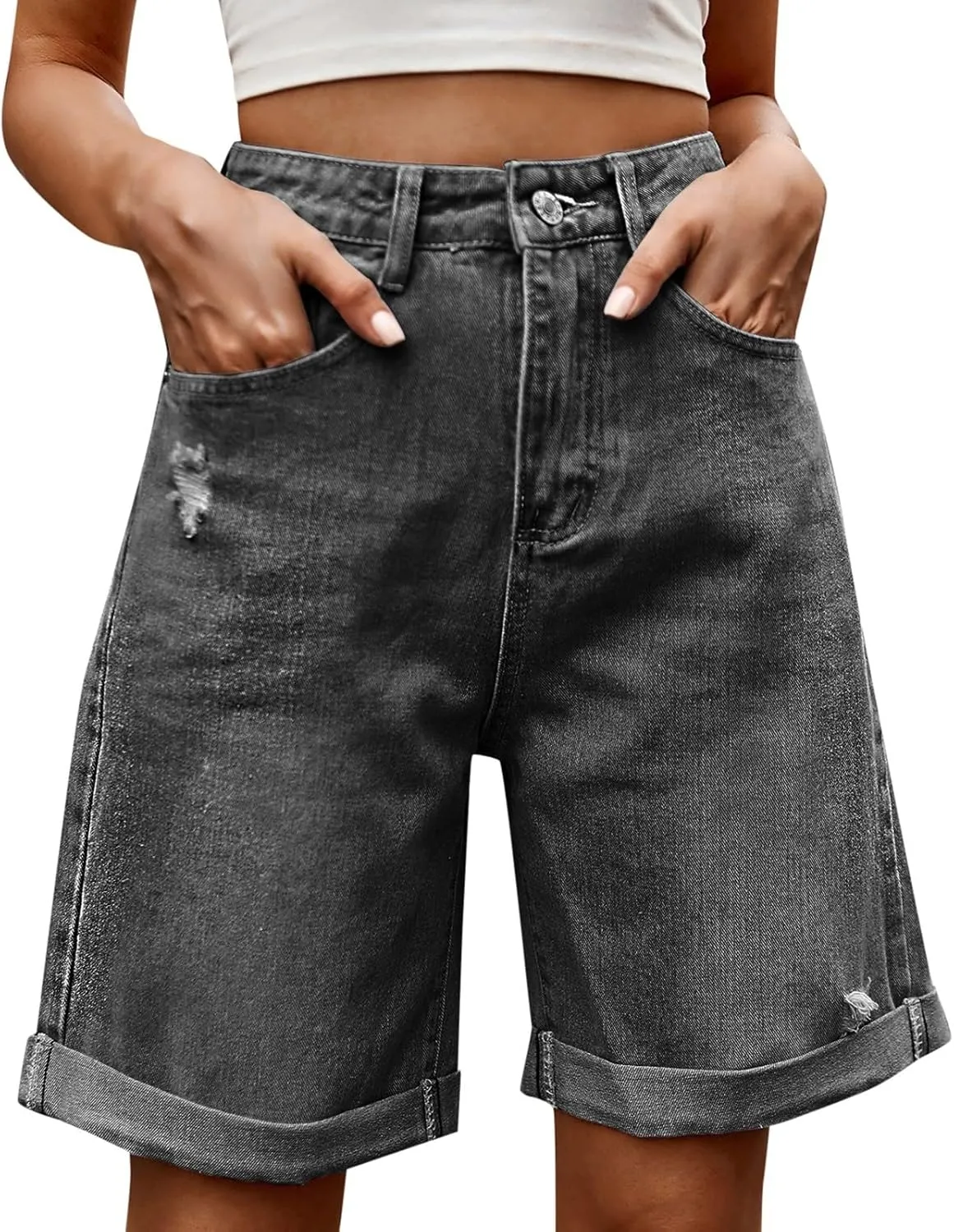 Women Ripped Jean Shorts Summer Folded Hem Straight Leg Distressed Denim Shorts High Waisted Comfy Streetwear Short