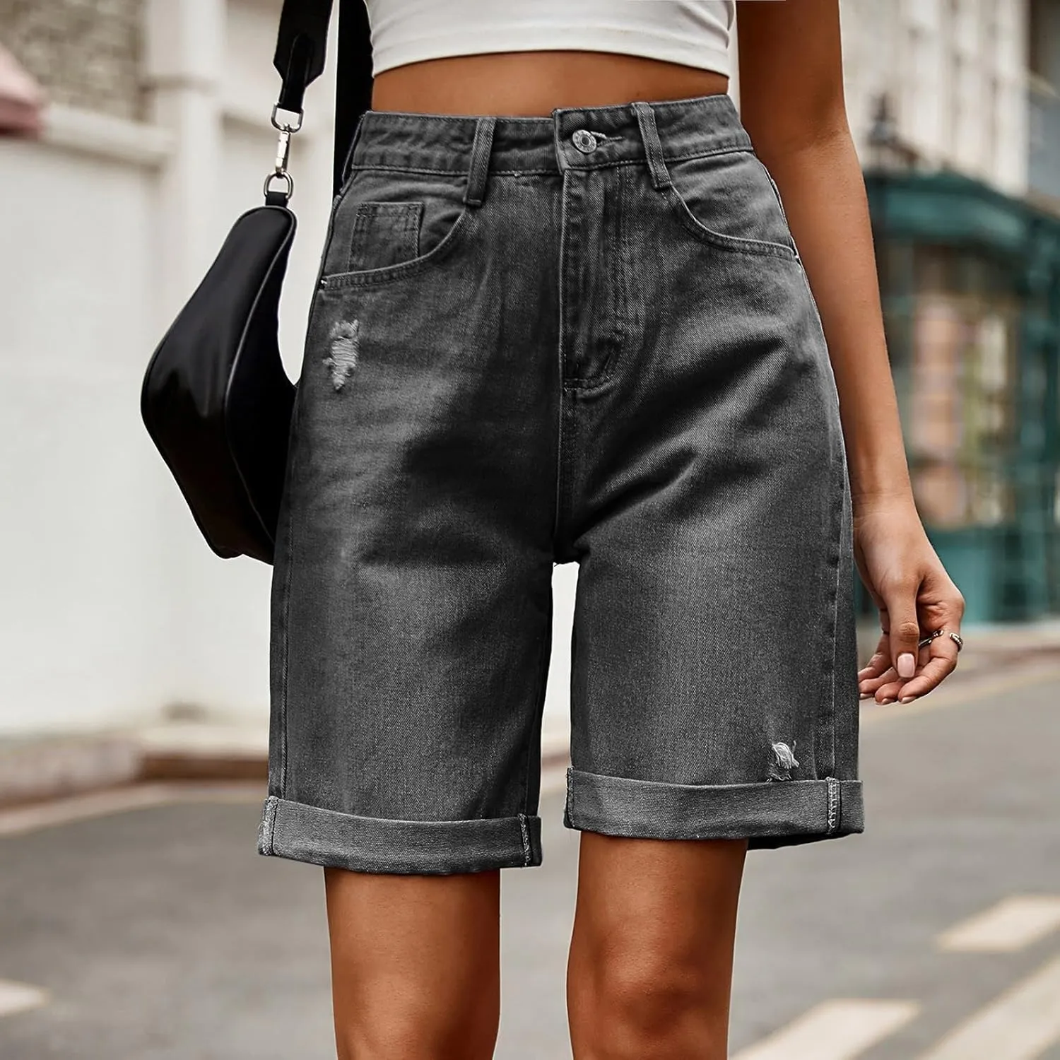 Women Ripped Jean Shorts Summer Folded Hem Straight Leg Distressed Denim Shorts High Waisted Comfy Streetwear Short