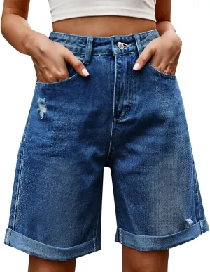 Women Ripped Jean Shorts Summer Folded Hem Straight Leg Distressed Denim Shorts High Waisted Comfy Streetwear Short