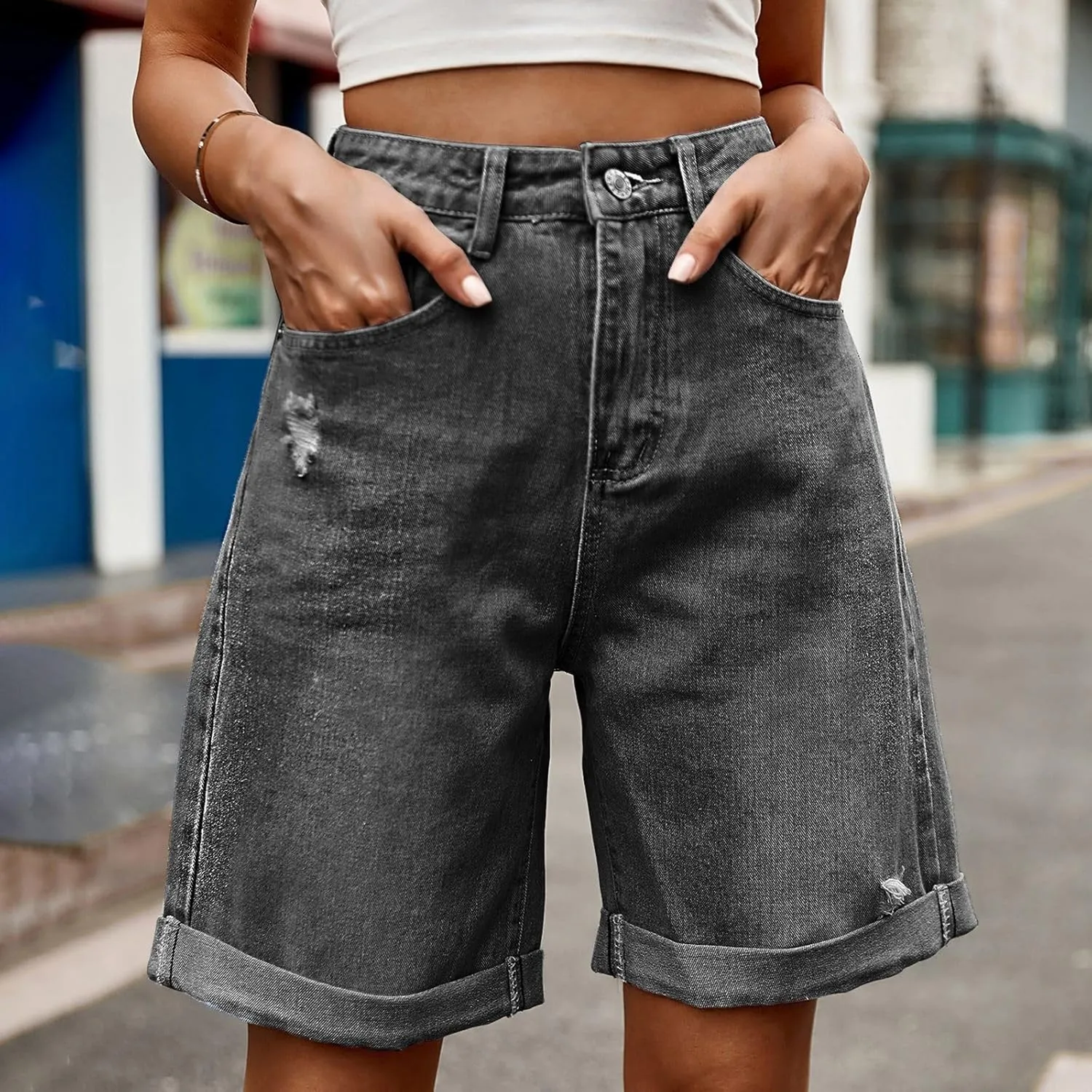 Women Ripped Jean Shorts Summer Folded Hem Straight Leg Distressed Denim Shorts High Waisted Comfy Streetwear Short