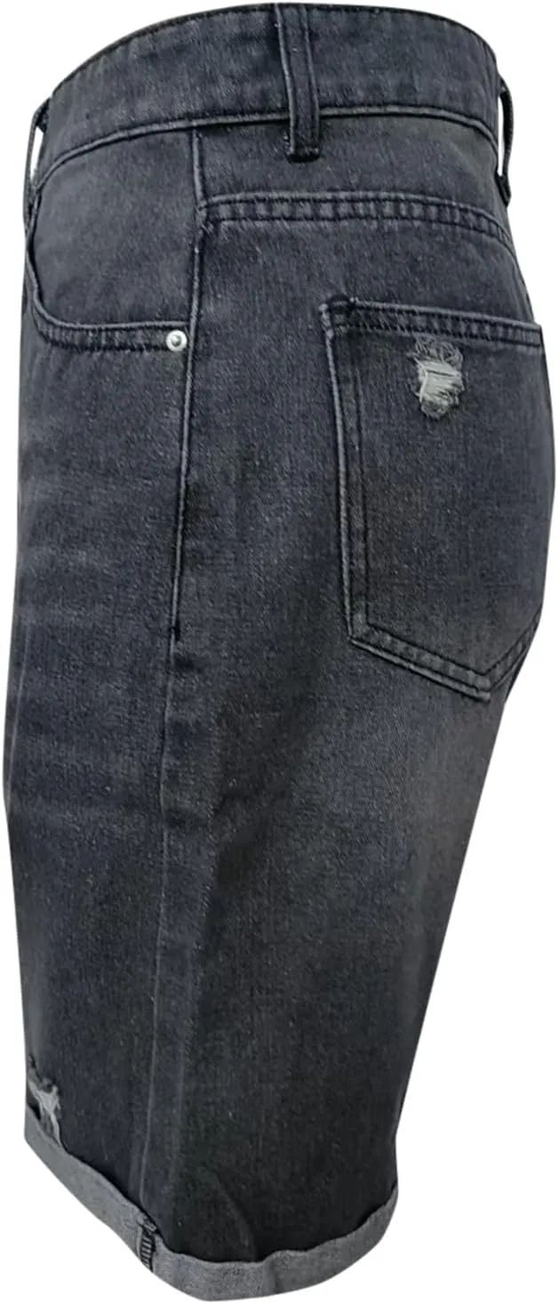 Women Ripped Jean Shorts Summer Folded Hem Straight Leg Distressed Denim Shorts High Waisted Comfy Streetwear Short