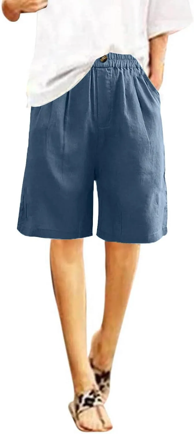 Women Summer Cotton Linen Bermuda Shorts Elastic Waist Wide Leg Shorts Loose Knee Length Shorts Casual Beach Shorts