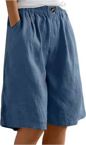 Women Summer Cotton Linen Bermuda Shorts Elastic Waist Wide Leg Shorts Loose Knee Length Shorts Casual Beach Shorts