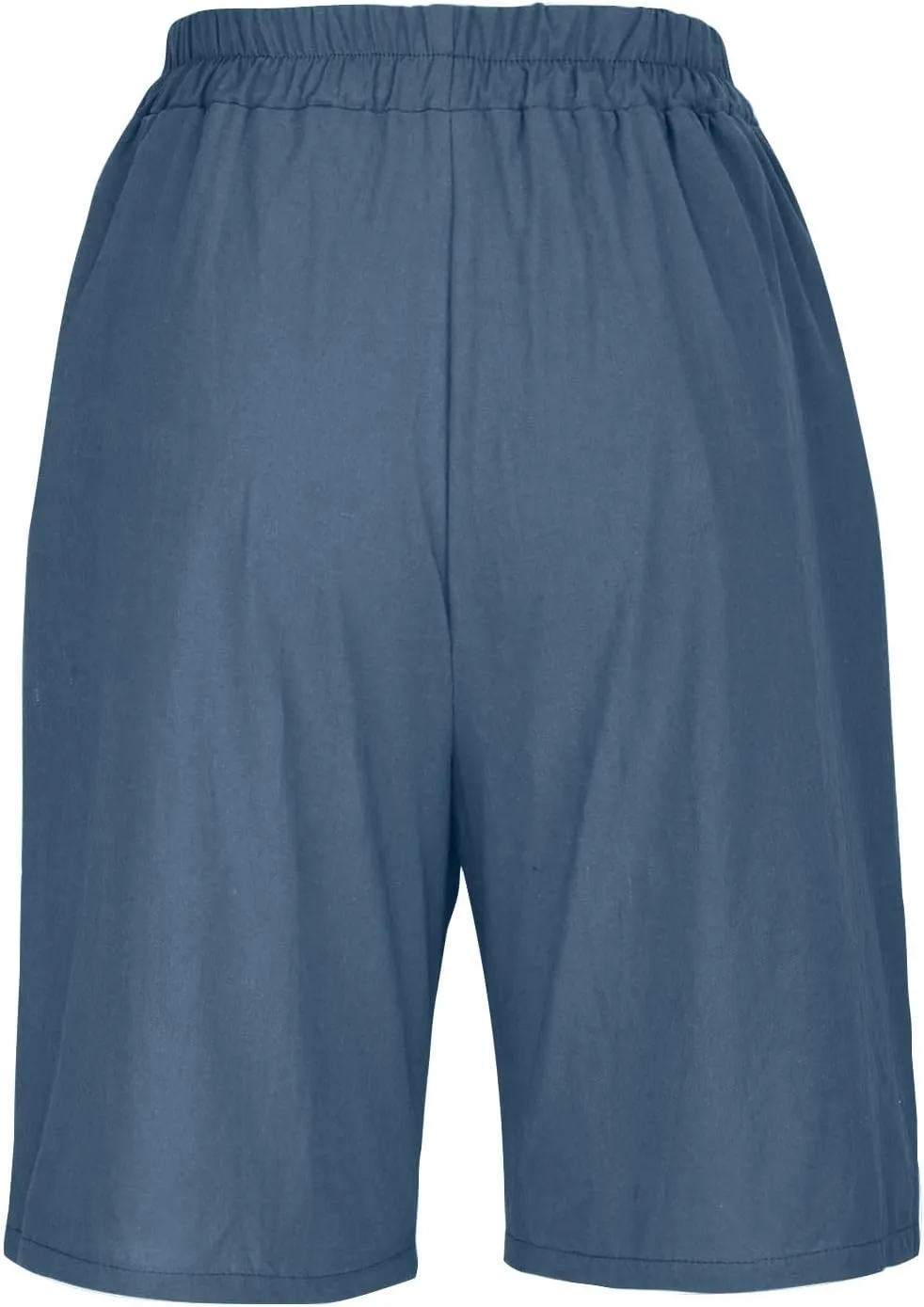 Women Summer Cotton Linen Bermuda Shorts Elastic Waist Wide Leg Shorts Loose Knee Length Shorts Casual Beach Shorts