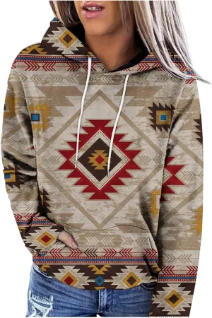 Women Western Aztec Hoodies Long Sleeve Pullover Sweatshirts Graphic Vintage Shirts Tops Cowgirl Wear Clothes 2023