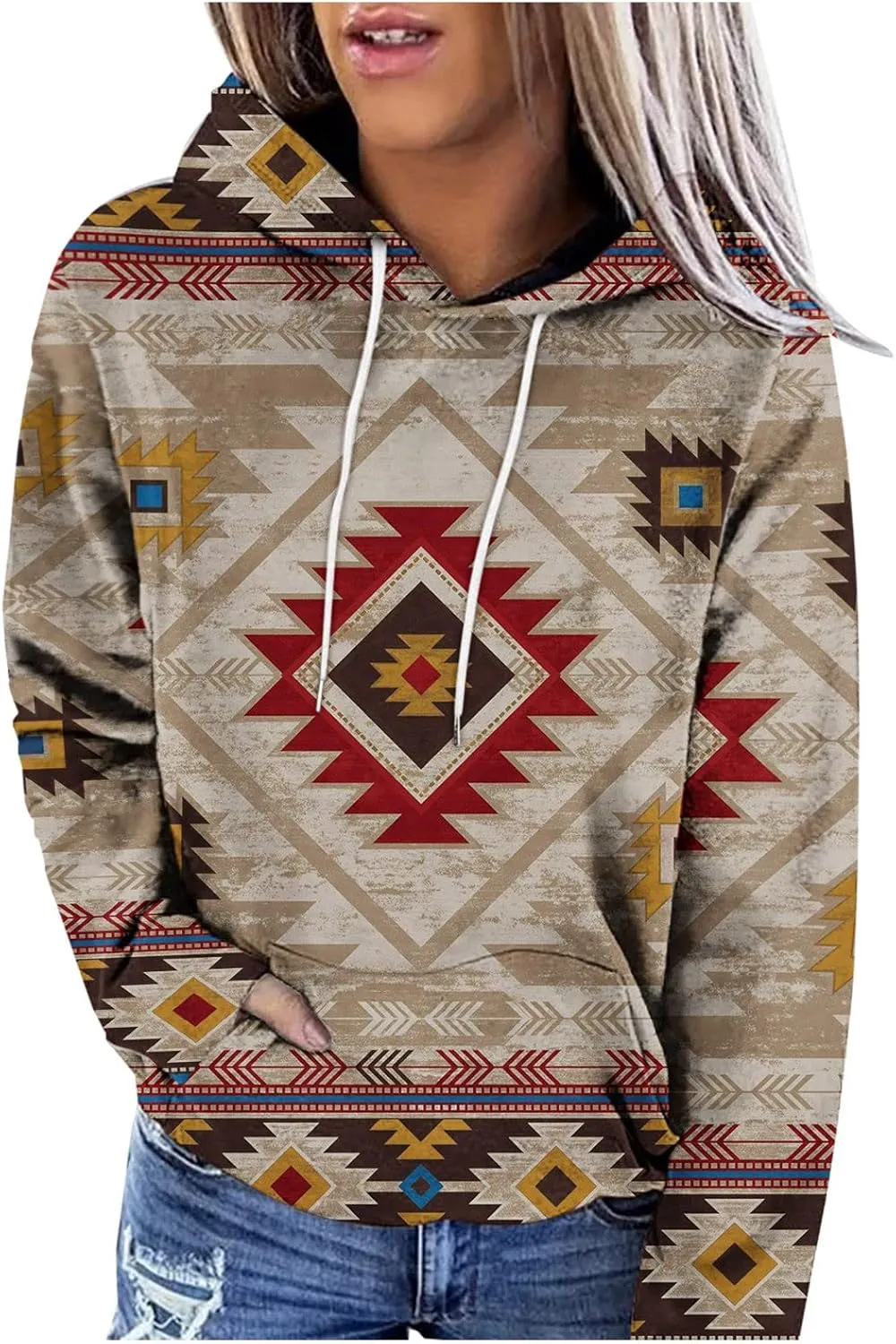 Women Western Aztec Hoodies Long Sleeve Pullover Sweatshirts Graphic Vintage Shirts Tops Cowgirl Wear Clothes 2023