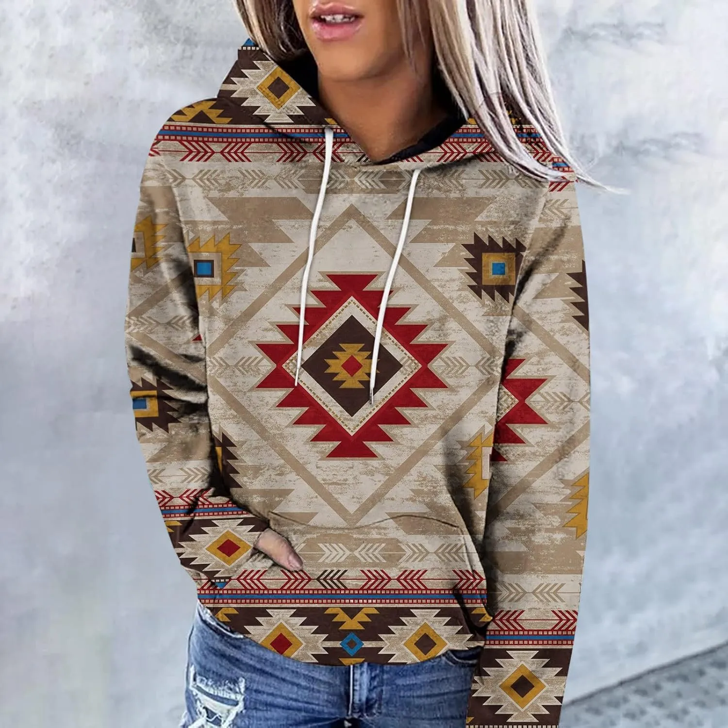 Women Western Aztec Hoodies Long Sleeve Pullover Sweatshirts Graphic Vintage Shirts Tops Cowgirl Wear Clothes 2023