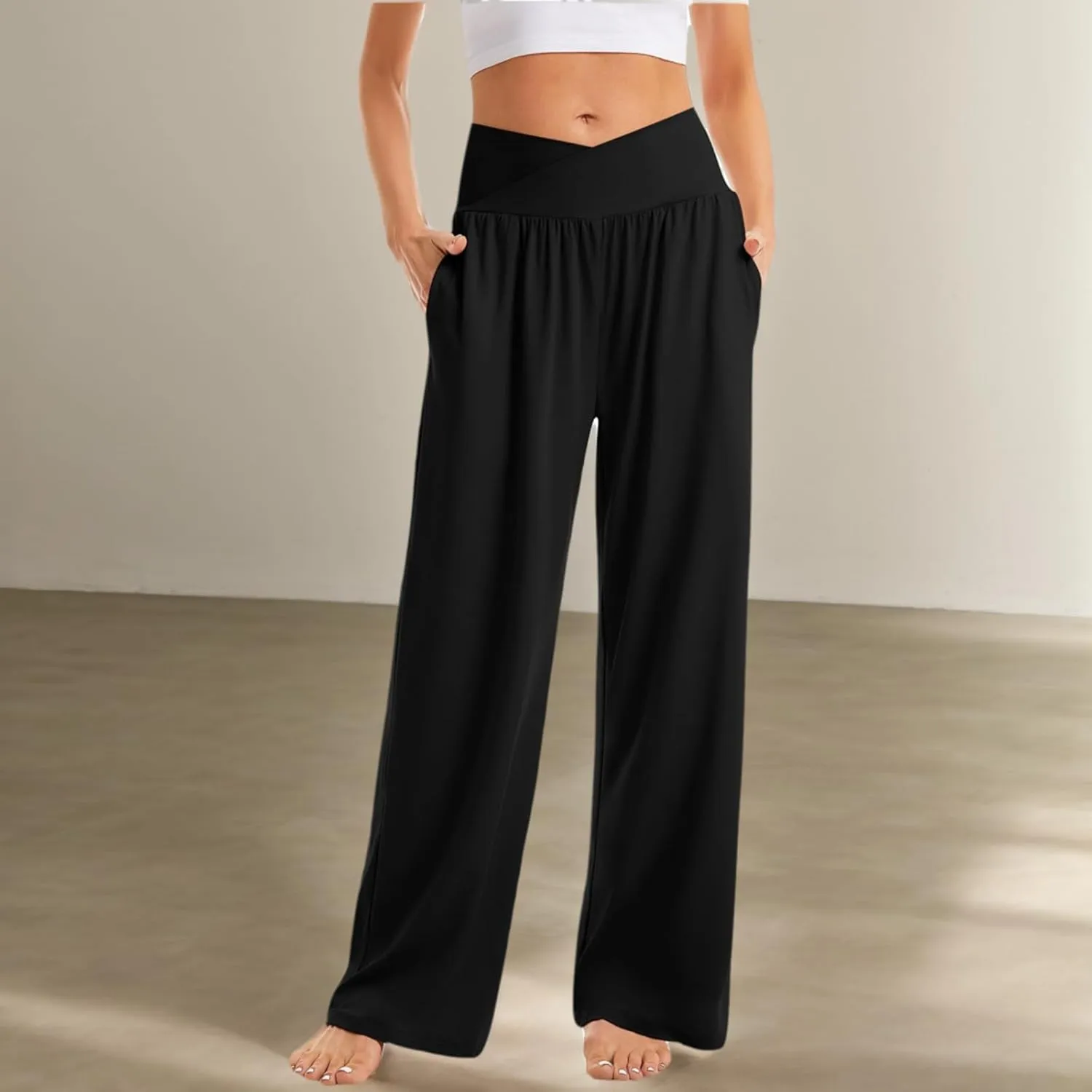 Women Wide Leg Yoga Pants Crossover Yoga Pants with Pockets Tummy Control Flare Leggings Stretch Lounge Sweatpant