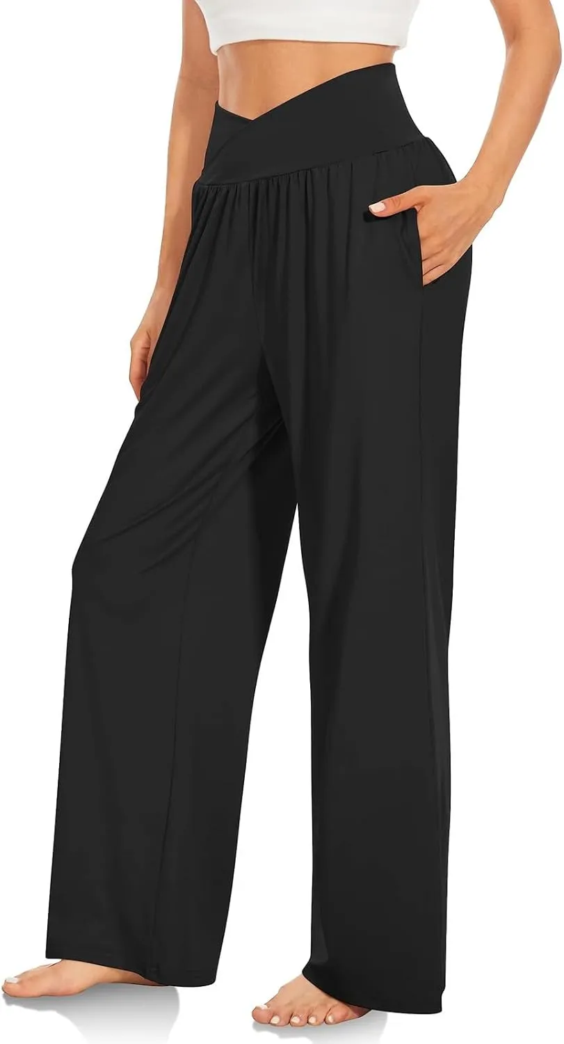 Women Wide Leg Yoga Pants Crossover Yoga Pants with Pockets Tummy Control Flare Leggings Stretch Lounge Sweatpant