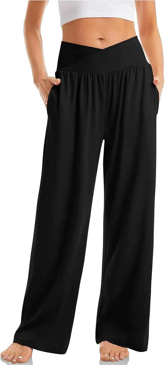 Women Wide Leg Yoga Pants Crossover Yoga Pants with Pockets Tummy Control Flare Leggings Stretch Lounge Sweatpant