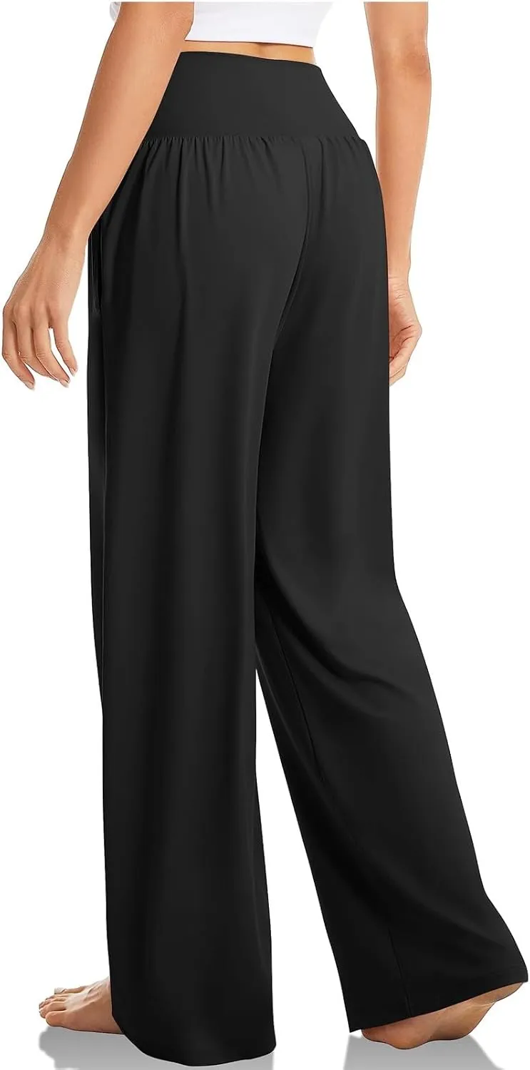 Women Wide Leg Yoga Pants Crossover Yoga Pants with Pockets Tummy Control Flare Leggings Stretch Lounge Sweatpant