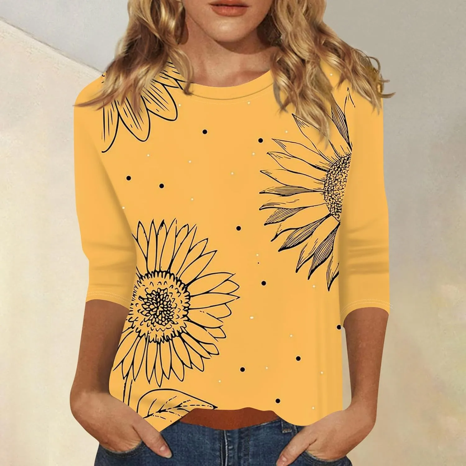 Womens 3/4 Sleeve Tops 2025 Summer Floral Print Round Neck Shirts Loose Fit Three Quarter Sleeve Tshirts
