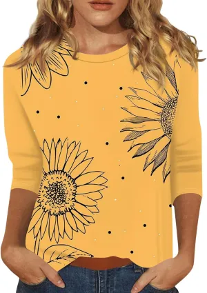 Womens 3/4 Sleeve Tops 2025 Summer Floral Print Round Neck Shirts Loose Fit Three Quarter Sleeve Tshirts