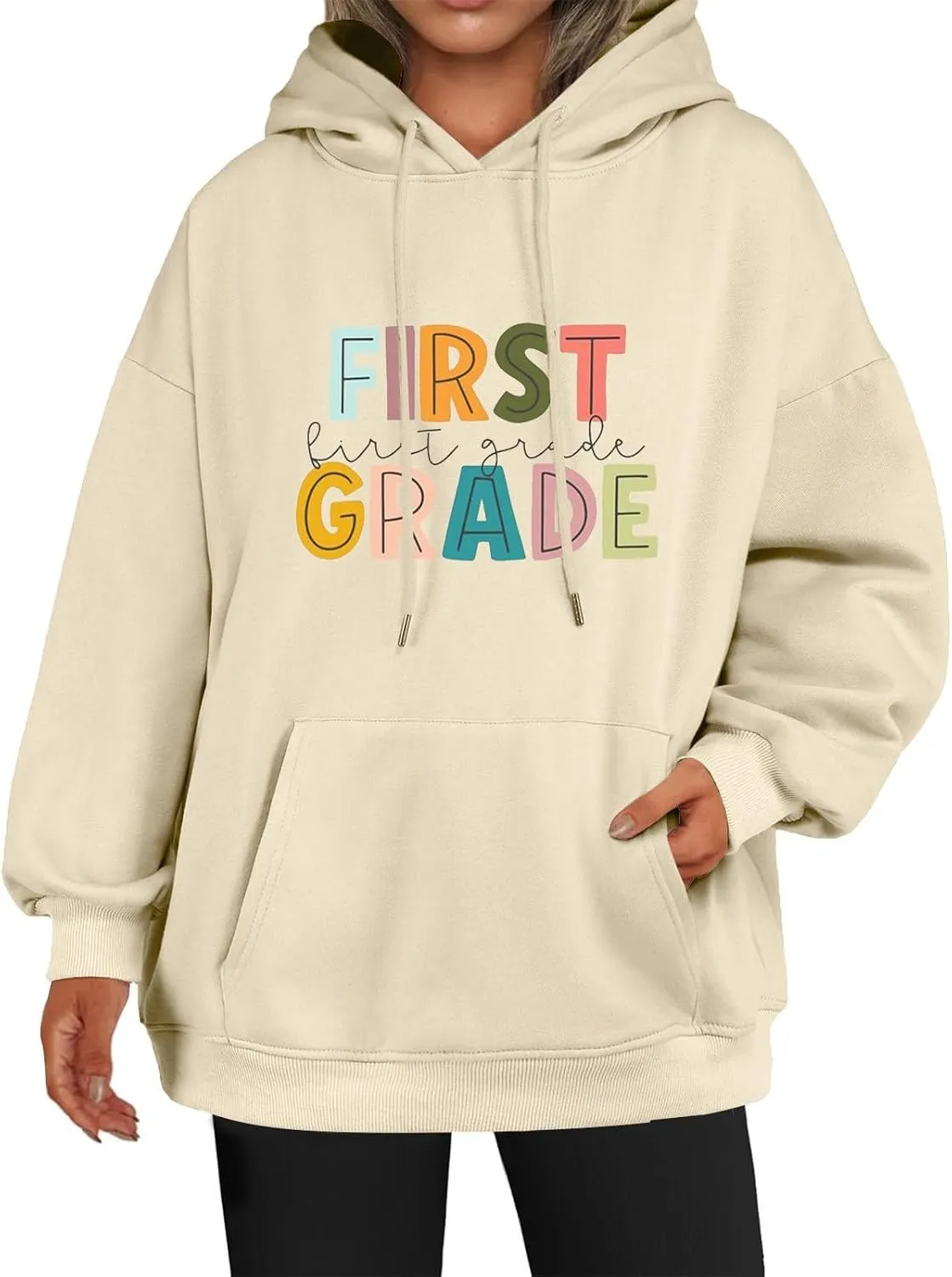 Womens Autumn Hoodies Loose Letter Print Drawstring Hooded Long Sleeve Pullover Sweatshirts Oversized Streetwear Tops