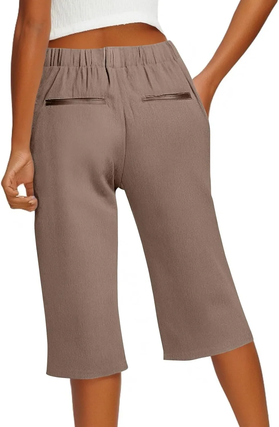 Womens Bermuda Shorts Cotton Linen Knee Length Elastic Waist Drawstring Capris Casual Beach Shorts with Pockets