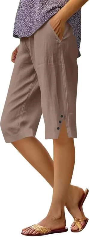 Womens Bermuda Shorts Cotton Linen Knee Length Elastic Waist Drawstring Capris Casual Beach Shorts with Pockets
