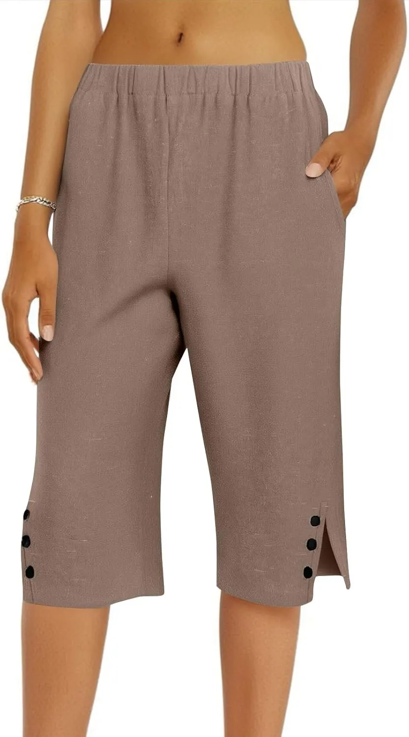Womens Bermuda Shorts Cotton Linen Knee Length Elastic Waist Drawstring Capris Casual Beach Shorts with Pockets