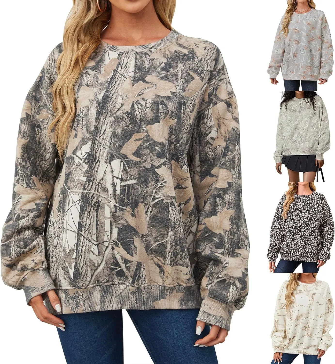 Womens Camo Sweatshirt Maple Leaf Print Oversized Long Sleeve Pullover Tops Loose Crewneck Shirt Fall Trendy Clothes